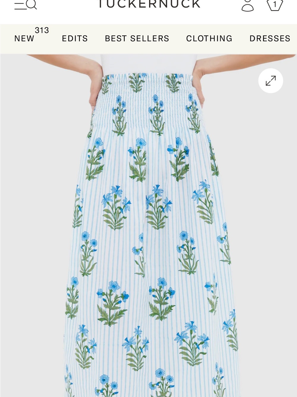 Smocked Blue Floral Stripe Maxi Skirt